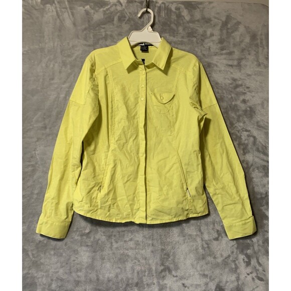 Jamie Sadock Womens Shirt Small Yellow Golf Linen Blend Button Up Collar Pockets - Picture 2 of 11
